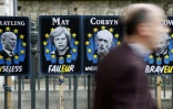 Des affiches mettant en scène la Première Ministre britannique Theresa May et le chef du parti du Labour Jeremy Corbyn, le 3 avril 2019 à Londres