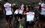 Le Slovène Tadej Pogacar (au centre) lors de la présentation de son équipe à  Copenhague le 29 juin 2022 à deux jours du Grand Départ de la 109e édition du Tour de France 