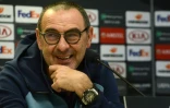 L'entraîneur de Chelsea Maurizio Sarri en conférence de presse, le 10 avril 2019 à Prague