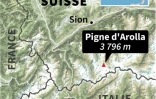 Carte de la Suisse localisant le Pigne d'Arolla (3 796 m) oĂą des randonneurs sont morts de froid le 30 avril 2018