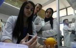 Une scientifique du laboratoire de biotechnologie de l'Université Sidi Mohamed Ben Abdallah de Fès (Maroc) injecte une solution dans une orange pour empêcher les moisissures de se développer, le 30 juin 2017