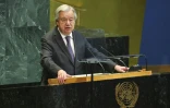 Le secrétaire général de l'ONU, Antonio Guterres, lors de la 11e Conférence d'examen du Traité sur la non-prolifération des armes nucléaires (TNP) au siège des Nations unies à New York, le 27 avril 2026
