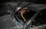 Une femme tente de retrouver ses papiers dans sa voiture calcinée, le 24 juillet 2018, après l'incendie qui a ravagé la petite station balnéaire de Mati, près d'Athènes, et qui a fait au moins 50 morts