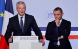 Le ministre de l'Economie Bruno Le Maire et le ministre chargé du budget et des comptes publics Oliviers Dussopt (d) lors d'une conférence de presse pour la présentation du Budget 2022, le 22 septembre 2021 à Paris