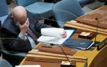 L'ambassadeur russe à l'ONU, Vassily Nebenzia, au début d'une réunion du Conseil de sécurité consacrée à la guerre en Ukraine, le 11 mars 2022 à New York