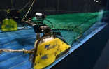 un filet de pêche intelligent doté de caméras et de capteurs lors d'un test au laboratoire de l'Ifremer, le 5 octobre 2021 à Lorient, dans le Morbihan