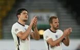 Le défenseur Harry Maguire et l'attaquant Harry Kane, après le match nul (0-0) concédé face à l'Italie, lors de leur match de Ligue des nations, le 11 juin 2022 au Stade Molineux à Wolverhampton