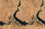 (g-d)Images satellites fournies par l'Agence spatiale européenne prises les 21 août 2019, 25 août 2020 et 25 août 2021 montrant une vue générale du réservoir Tichrine, du barrage Tichrine et du lac Assad dans le centre de la Syrie