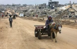 Un homme conduit une charrette tirée par un âne devant les décombres de bâtiments détruits dans une rue de Jabalia, dans le nord de la bande de Gaza, le 5 février 2025
