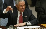 Le secrétaire d'Etat Colin Powell brandit une fiole au Conseil de sécurité des Nations Unies sensée contenir de l'anthrax, utilisé par le régime Irakien, le 5 février 2003