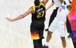 Le contre décisif de Rudy Gobert sur Marcus Morris Sr des Los Angeles lors de la victoire du Jazz en demi-finale de Conférence à Salt Lake City, le 8 juin 2021