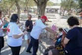 Des membres de la Croix-Rouge hellénique distribuent des bouteilles d'eau aux touristes sur le site de l'Acropole à Athènes le 17 juillet 2024