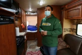 Anish Samuel, le 22 avril 2020 dans la caravane prêtée le temps de la crise du coronavirus et stationnée en face de chez lui à Nutley près de New York