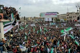 Vue aérienne d'une manifestation à Idleb pour marquer les 10 ans du soulèvement en Syrie, le 15 mars 2021