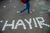 Des personnes marchent devant un "non" écrit sur un trottoir le 6 avril 2017 à Istanbul