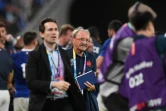 Le sélectionneur du XV de France Jacques Brunel (c) après la victoire sur l'Argentine à Tokyo lors du Mondial le 21 septembre 2019