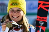 La joie de l'Autrichienne Katharina Liensberger, championne du monde de slalom, le 20 février 2021 à Cortina d'Ampezzo