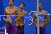 Camille Lacourt, Théo Bussière et Jérémy Stravius, lors des séries du 4x100 m quatre nages aux Jeux de Rio, le 12 août 2016