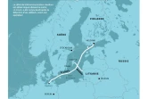 Carte de la mer Baltique et des pays la bordant montrant l'emplacement des câbles sous-marins dans la zone, dont les câbles "C-Lion1" et "Arelion"