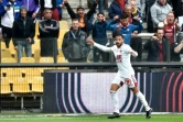 La joie du milieu de terrain algérien de Brest Youcef Belaili, après avoir ouvert le score contre Metz, lors de la 34e journée de Ligue 1, le 24 avril 2022 au Stade Saint-Symphorien à Longeville-lès-Metz