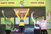 Les porteuses de maillots distinctifs du Tour de France (de g. à dr.) Marianne Vos (vert),    Annemiek Van Vleuten (jaune), Shirin Van Anrooij (blanc) et Demi Vollering (à pois rouges) à La Super Planche des Belles, le 31 juillet 2022 
