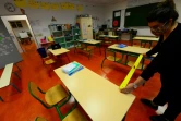 Une enseignante mesure la distance entre les tables dans une salle de classe, le 11 mai 2020 à Cenon, près de Bordeaux
