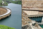 Cette combinaison de photos créée le 18 juillet 2022 montre des vues du barrage de Dukan et du réservoir situé derrière, au nord-ouest de la ville de Suleimaniyeh, dans la région autonome du Kurdistan, dans le nord-est de l'Irak