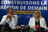 Marine Le Pen et Thierry Mariani, candidat RN aux régionales en 
Provence-Alpes-Côte d'Azur lors d'une conférence de presse, le 17 juin 2021 à 
Toulon, dans le Var