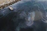 Des équipes de dépollution nettoient une nappe de pétrole brut qui a atteint la côte près d'une zone protégée à Huntington Beach, en Californie, le 4 octobre 2021
