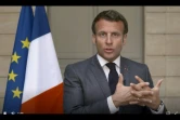 Le président français Emmanuel Macron en visioconférence, le 18 mai 2020 à Paris, à l'ouverture virtuelle de l'Assemblée mondiale de la Santé, réunissant les 194 pays de l'OMS