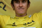 La Gallois maillot jaune du Tour de France Geraint Thomas sur le podium après l'arrivée de la 13e étape, le 20 juillet 2018 à Valence