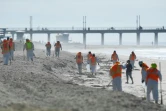 Des équipes de nettoyage dépolluent le sable près du ponton de Huntington Beach, en Californie, après une fuite sur un oléoduc voisin, le 5 octobre 2021