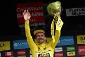 La joie du Slovène Primoz Roglic, vainqueur du Critérium du Dauphiné, le 12 juin 2022, à l'issue de la dernière étape, disputée entre Saint-Alban-Leysse et le Plateau de Solaison, et remportée par son coéquipier danois Jonas Vingegaard, 2e au classement général