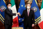 Passation de pouvoirs entre Mario Draghi et son prédecesseur Giuseppe Conte, leader du M5S, le 13 février 2021 à Rome 