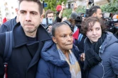 La candidate à la présidentielle française Christiane Taubira (c) participe à une manifestation d'Ukrainiens devant l'ambassade de Russie à Paris, le 24 février 2022