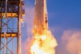 Photo non datée diffusée le 19 mai 2021 par Blue Origin de la fusée Shepard lors de son décollage à West Texas