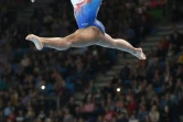 La gymnaste française Mélanie De Jesus Dos Santos médaille d'argent à la poutre lors des championnats d'Europe de Szczecin en Pologne le 14 avril 2019