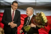 Le chef de file du parti Droit et Justice (PiS) de Jaroslaw Kaczynski (D) et le Premier ministre polonais Mateusz Morawiecki (G), le 13 octobre 2019 à Varsovie
