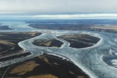Vue des zones glacées sur le fleuve Kuskokwim près de la ville de Bethel, dans le delta du Yukon, le 12 avril 2019 en Alaska
