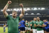 La joie de Jamie Heaslip (g) après la victoire de l'Irlande sur la France en Coupe du monde le 11 octobre 2015 au Millenium Stadium de Cardiff