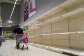 Des rayons de papier toilette vides, le 16 mars 2020 dans un supermarché de Pfastatt, dans le Haut-Rhin, pendant l'épidémie du nouveau coronavirus