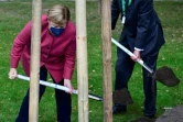 La chancelière Angela Merkel et le maire de Templin, Detlef Tabbert, creusent le sol pour y planter un tilleul, le 10 septembre 2021, à l'occasion du 750ème anniversaire de la ville où a grandi Mme Merkel