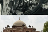 Photographie fournie par les autorités indiennes, montrant un campement érigé derrière les murs du tombeau de Humayun, à New Delhi, pour des réfugiés musulmans au moment de la partition de l'Inde en 1947/1948, et le même site, le 13 juin 2017