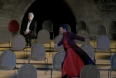 Des acteurs se produisant lors d&rsquo;une répétition de « La Cerisaie » d&rsquo;Anton Tchekov du réalisateur portugais Tiago Rodrigues, à Avignon le 3 juillet 2021, avant le 75e Festival d&rsquo;Avignon.