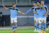 L'attaquant de la Lazio,  Ciro Immobile (g), fête son but avec ses coéquipiers lors du match de groupes de la Ligue des champions face à Dortmund, à Rome, le 20 octobre 2020