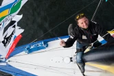 Le navigateur français Arnaud Boissières, à bord de son monocoque "La Mie Câline Artisans Artipole", le 30 octobre 2018 à Saint-Malo 