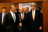 Le ministre russe  Sergei Lavrov, l'émissaire de l'Onu pour la Syrie Staffan de Mistura et le secrétaire d'Etat John Kerry le 9 septembre 2016 à Genève