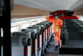 Un agent du Technicentre Atlantique de Châtillon désinfecte les emplacements à bagages dans un TGV, le 14 mai 2020 dans les Hauts-de-Seine