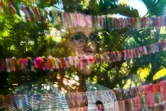 Cathy Tobias, 67 ans, regarde par sa fenêtre les milliers de rubans accrochés dans son jardin