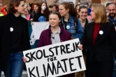 La Suédoise Greta Thunberg (c) porte une pancarte "grève de l'école pour le climat" lors d'une manifestation à Bruxelles, le 21 février 2019